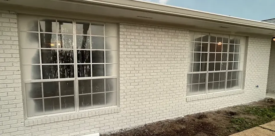 Before: old divided-lite windows with hazy, weathered glass on a white-painted brick home.
