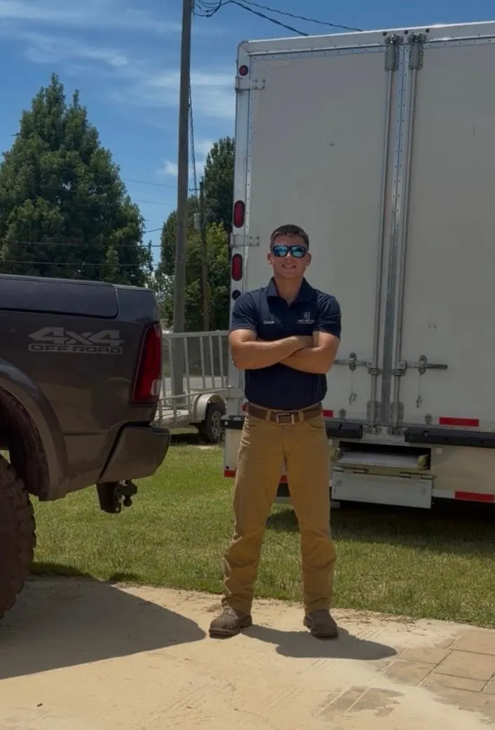 Dean Boyd in sunglasses and a navy A Better View polo, arms crossed, standing between a pickup truck and a white box trailer.